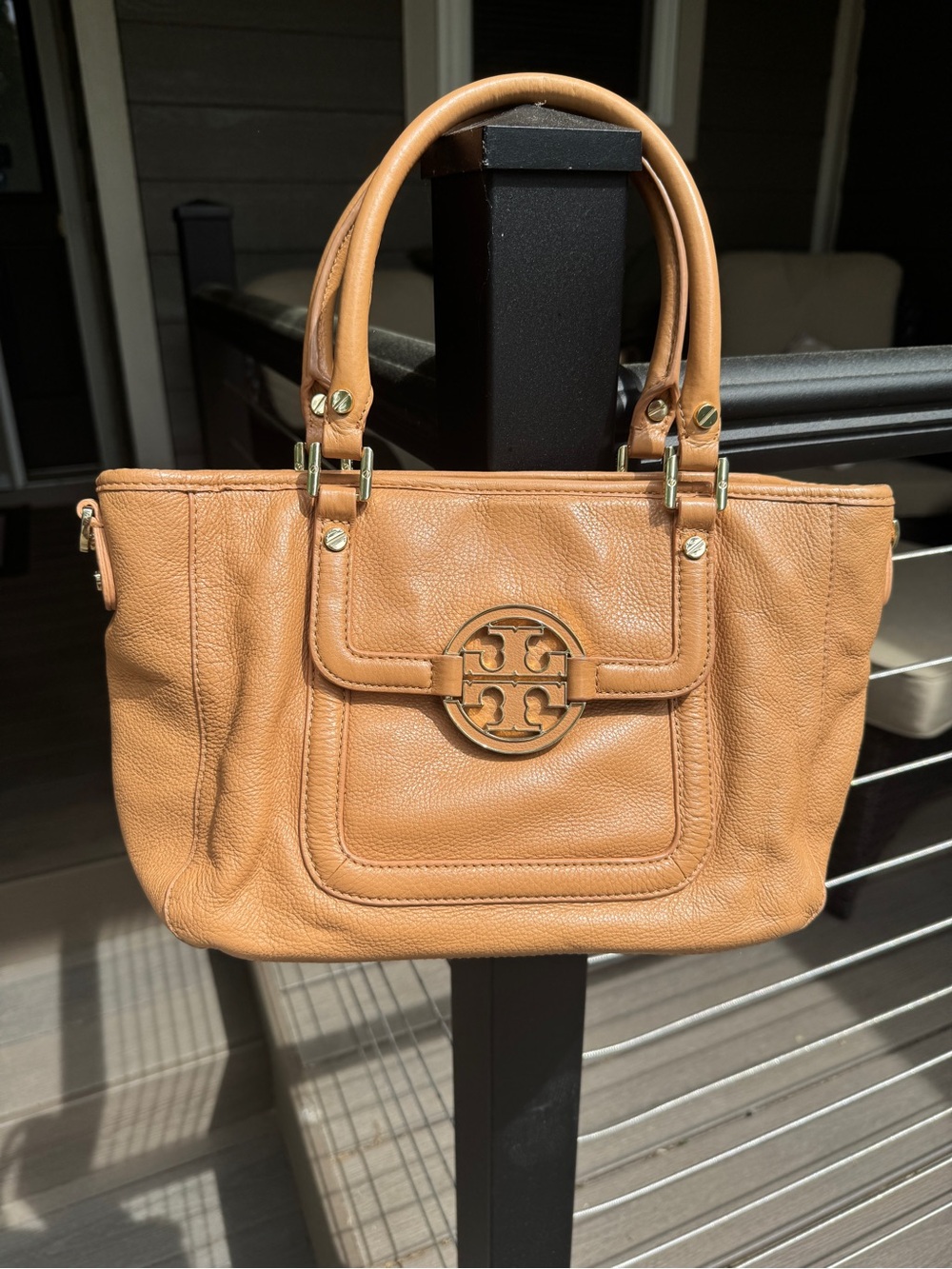 Tory Burch Cognac Leather Shoulder Tote with Double-T Logo